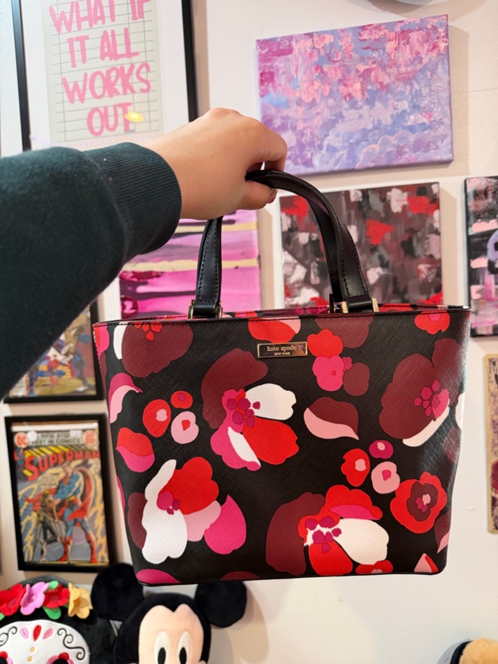 kate spade Floral Print Leather Tote in Black, Red, Pink, White